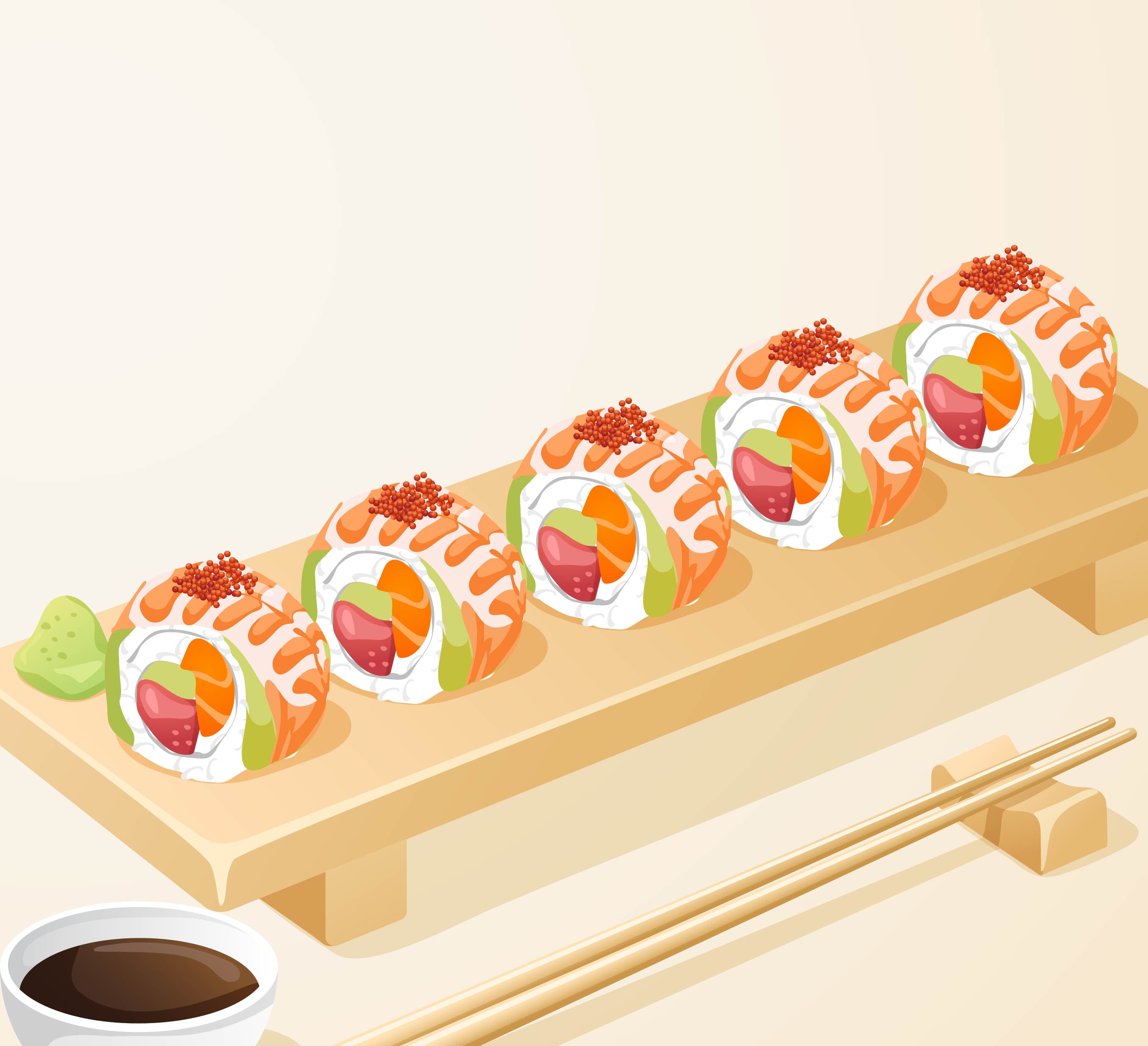 美味整齐摆放虾肉夹米饭日本料理