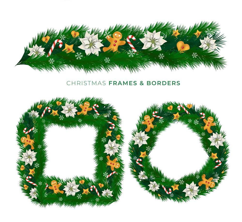 3款绿色圣诞花边和框架